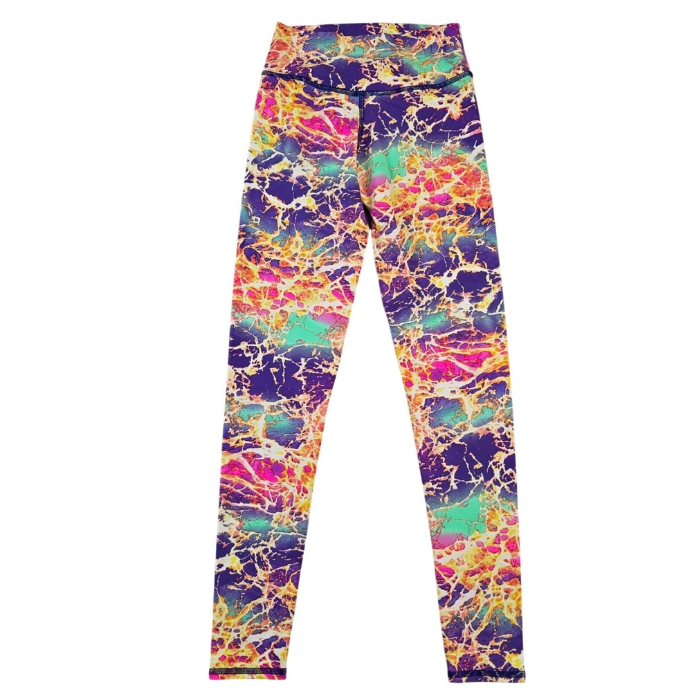 Funky Leggz Womens Purple Pink Yellow Abstract Neon Marble High Waist Leggings S